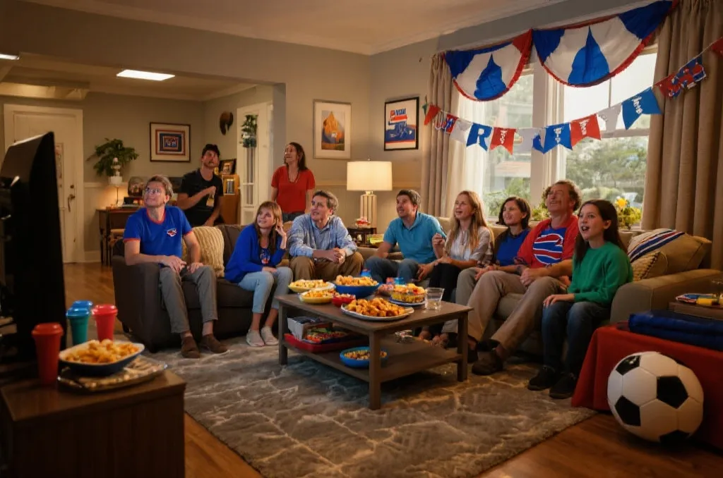 球迷家庭聚在一起观看比赛，准备零食与庆祝道具