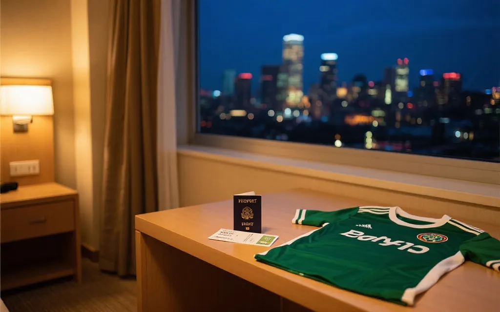 跨城市旅行的酒店房间风格统一，朋友在床边整理球衣与门票的画面